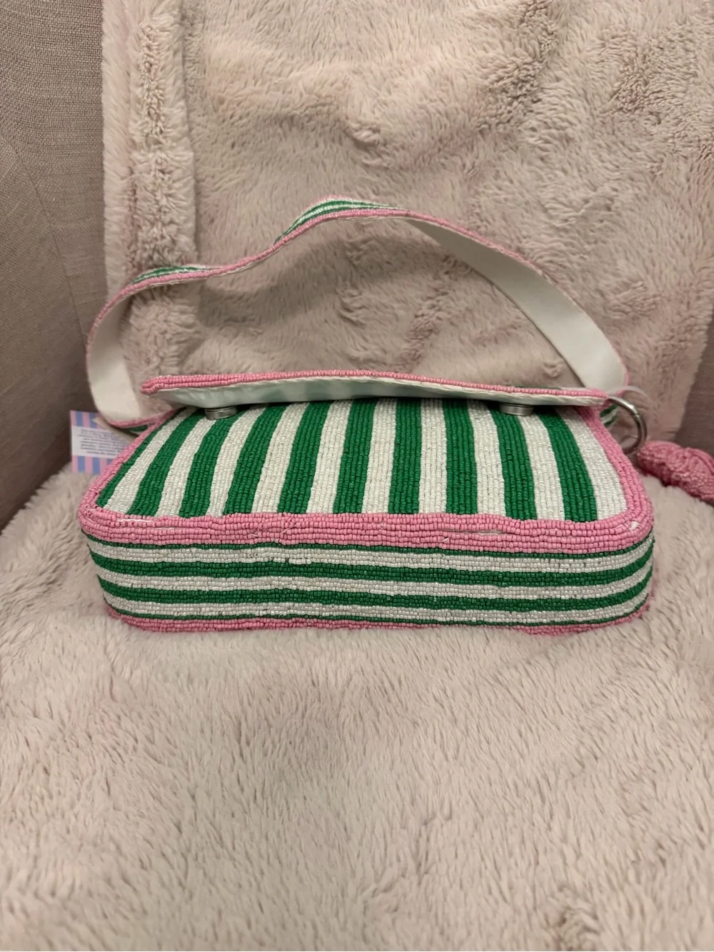 Viral TJ Maxx Beaded Bag Pink & Green Striped With Beaded Pink Charm